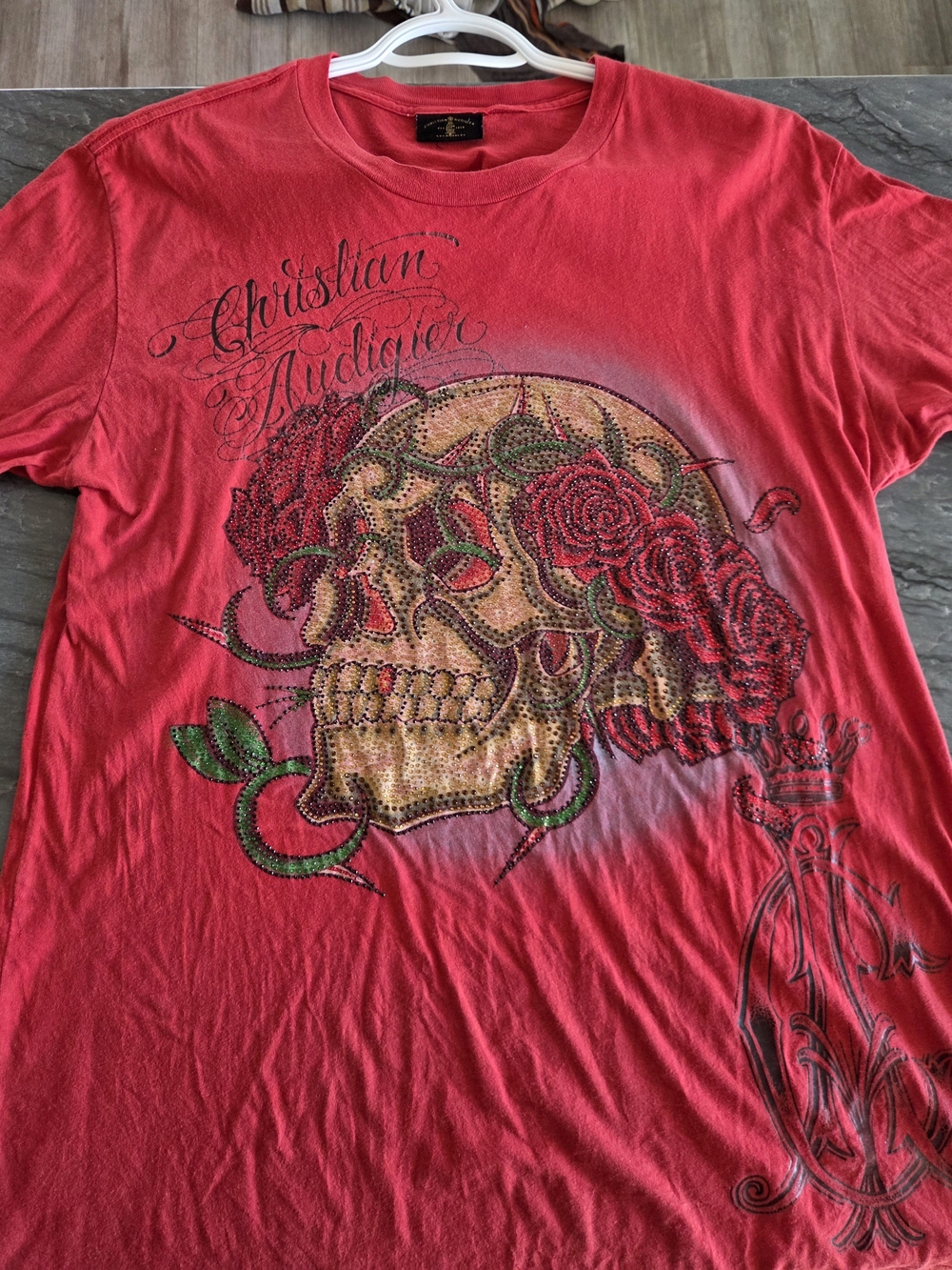 Christian Audigier Vintage Red Skull & Rose Embellished Tee